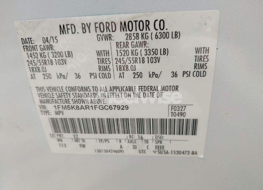 Photo 9 of 2015 Ford Police INTERCEPTOR (VIN 1FM5K8AR1FGC67929)