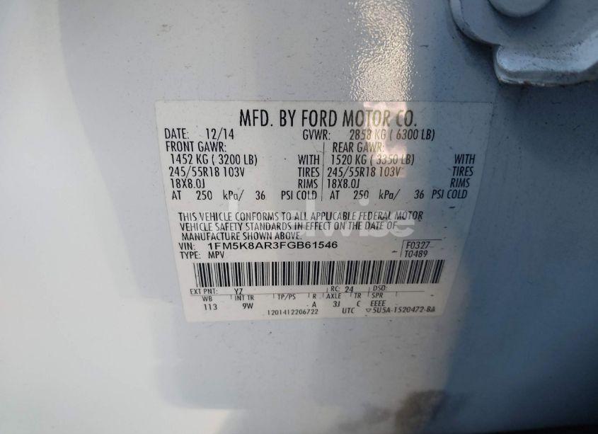 Photo 9 of 2015 Ford Police INTERCEPTOR (VIN 1FM5K8AR3FGB61546)