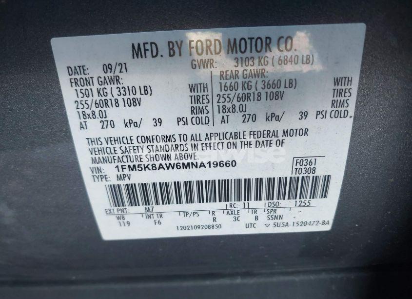 Photo 9 of 2021 Ford Police INTERCEPTOR (VIN 1FM5K8AW6MNA19660)