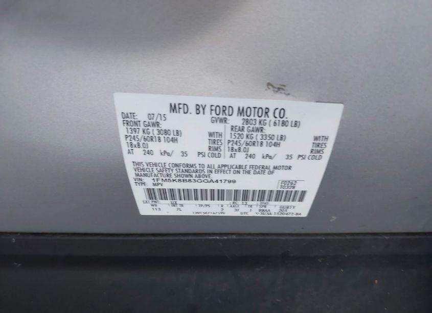 Photo 9 of 2016 Ford Explorer (VIN 1FM5K8B83GGA41799)