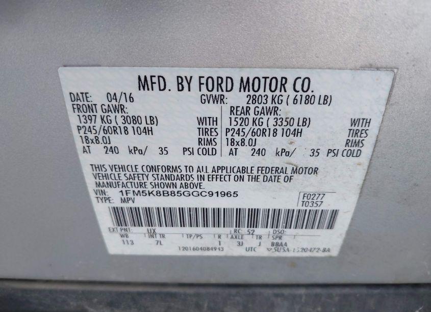 Photo 9 of 2016 Ford Explorer (VIN 1FM5K8B85GGC91965)