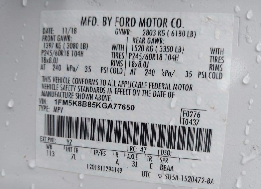 Photo 9 of 2019 Ford Explorer (VIN 1FM5K8B85KGA77650)