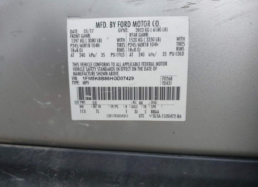 Photo 9 of 2017 Ford Explorer (VIN 1FM5K8B86HGD07429)