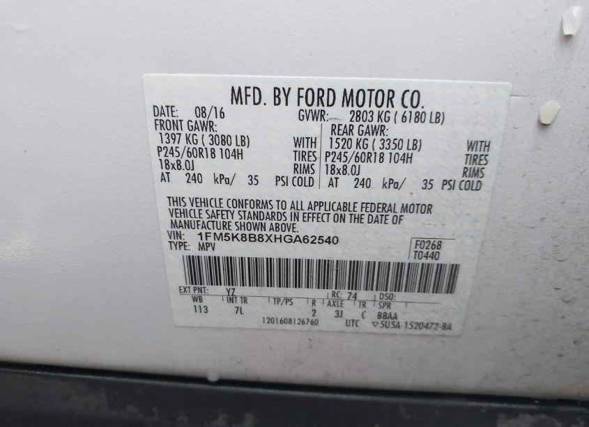 Photo 9 of 2017 Ford Explorer (VIN 1FM5K8B8XHGA62540)