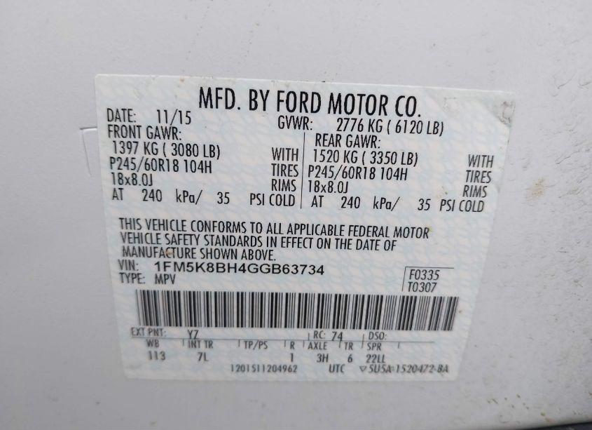 Photo 9 of 2016 Ford Explorer (VIN 1FM5K8BH4GGB63734)