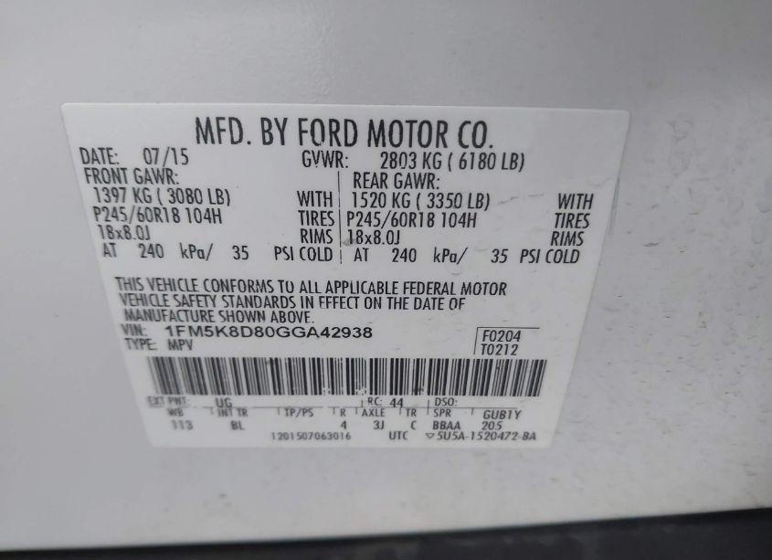 Photo 9 of 2016 Ford Explorer XLT (VIN 1FM5K8D80GGA42938)