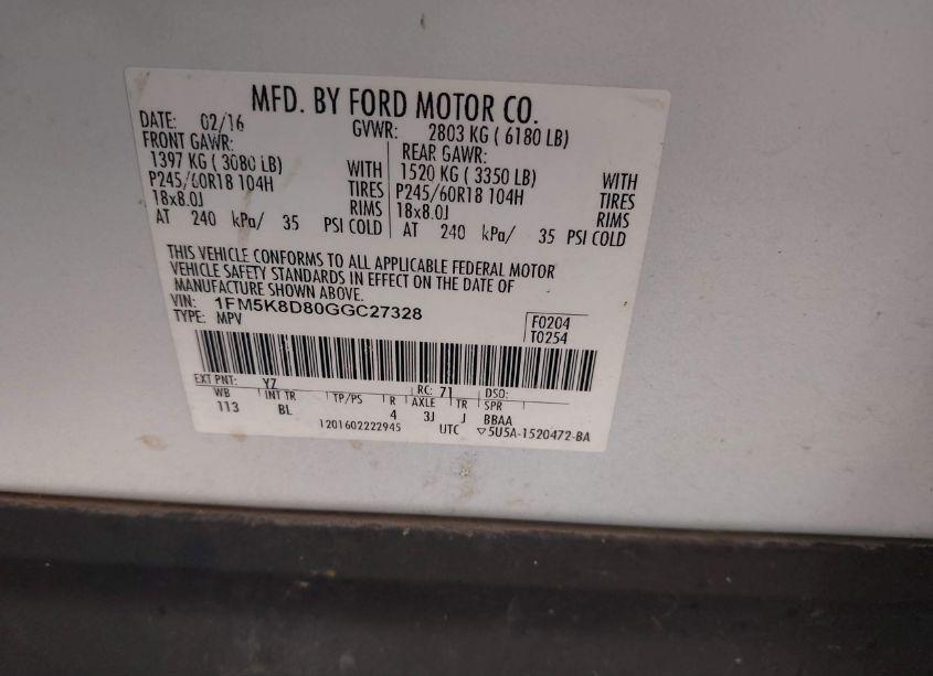 Photo 9 of 2016 Ford Explorer XLT (VIN 1FM5K8D80GGC27328)