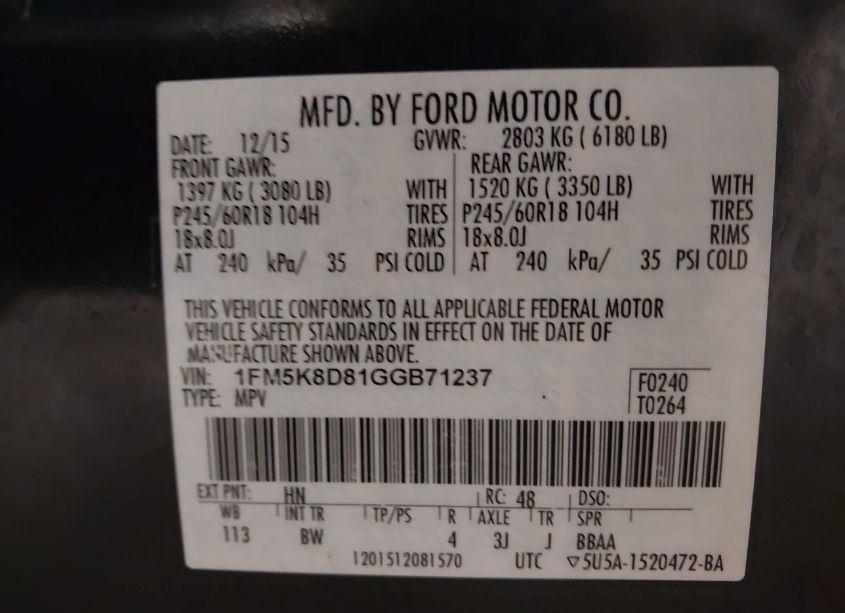 Photo 9 of 2016 Ford Explorer XLT (VIN 1FM5K8D81GGB71237)