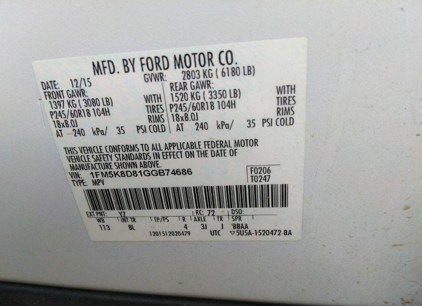 Photo 9 of 2016 Ford Explorer XLT (VIN 1FM5K8D81GGB74686)