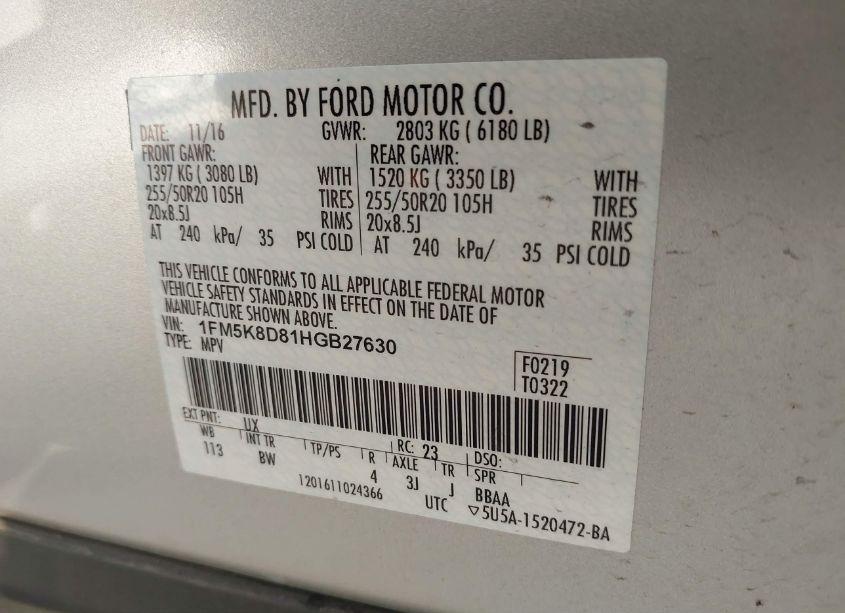 Photo 9 of 2017 Ford Explorer XLT (VIN 1FM5K8D81HGB27630)