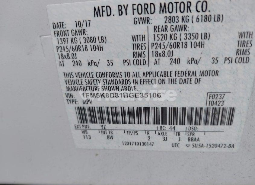 Photo 9 of 2017 Ford Explorer XLT (VIN 1FM5K8D81HGE35106)