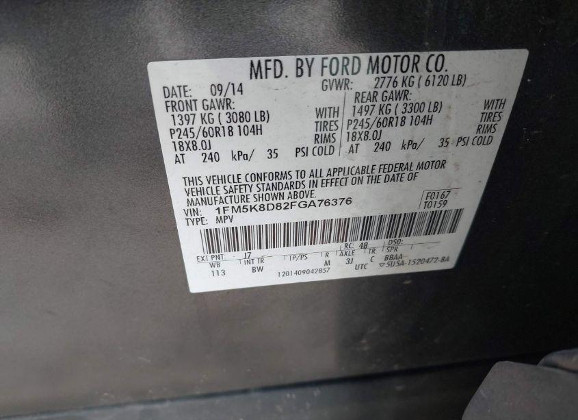 Photo 9 of 2015 Ford Explorer XLT (VIN 1FM5K8D82FGA76376)