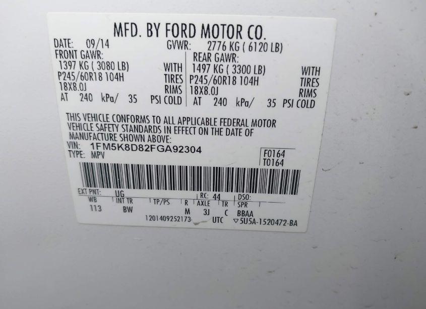 Photo 9 of 2015 Ford Explorer XLT (VIN 1FM5K8D82FGA92304)