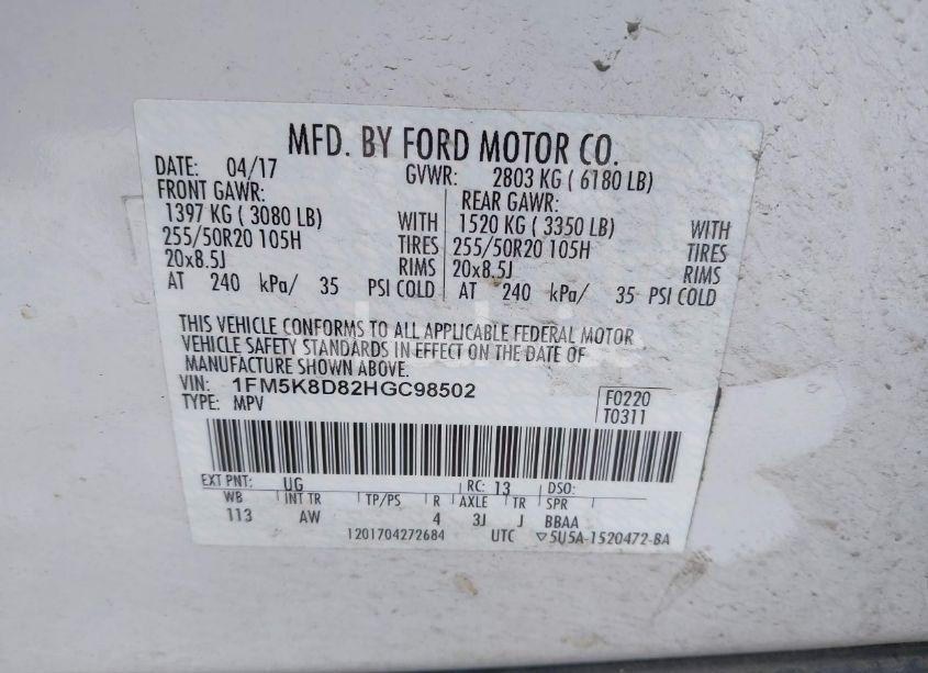 Photo 9 of 2017 Ford Explorer XLT (VIN 1FM5K8D82HGC98502)