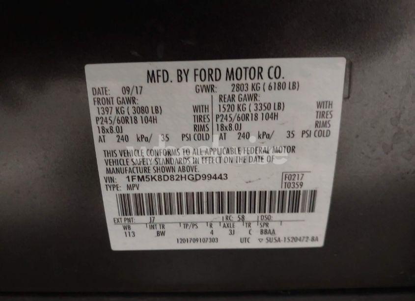 Photo 9 of 2017 Ford Explorer XLT (VIN 1FM5K8D82HGD99443)