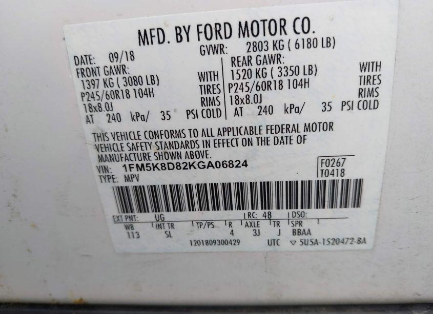 Photo 9 of 2019 Ford Explorer XLT (VIN 1FM5K8D82KGA06824)