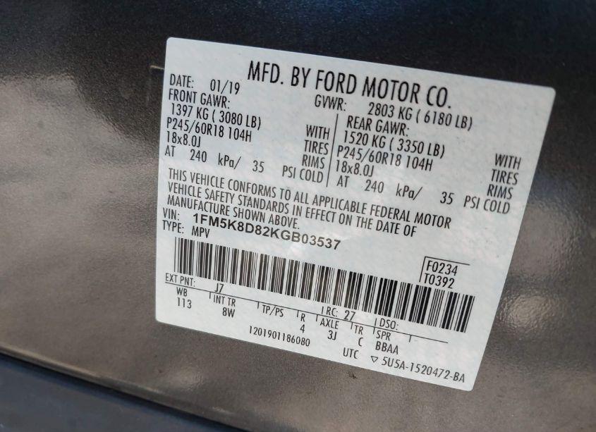 Photo 9 of 2019 Ford Explorer XLT (VIN 1FM5K8D82KGB03537)