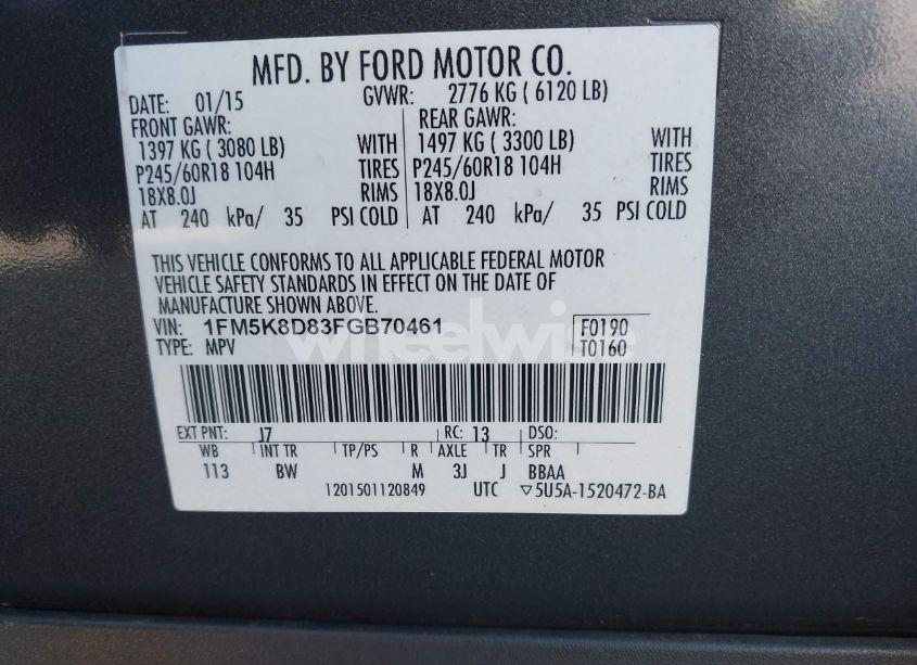 Photo 9 of 2015 Ford Explorer XLT (VIN 1FM5K8D83FGB70461)