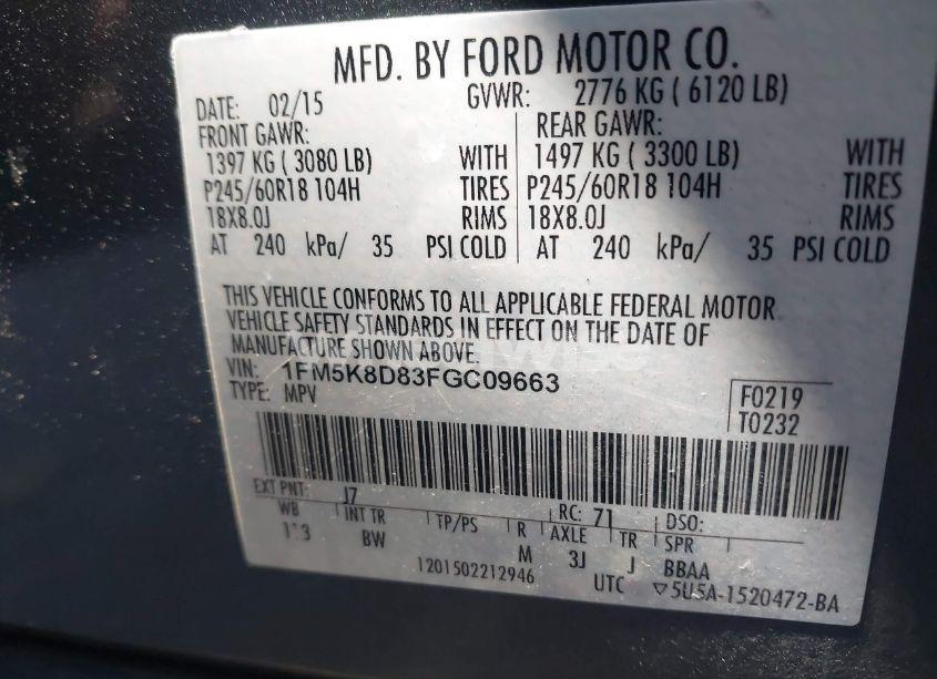 Photo 9 of 2015 Ford Explorer XLT (VIN 1FM5K8D83FGC09663)