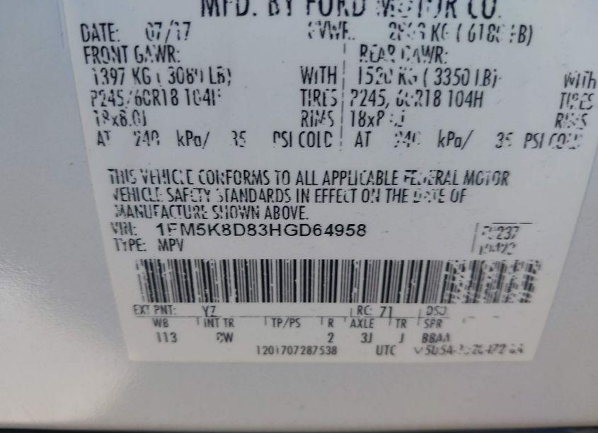 Photo 9 of 2017 Ford Explorer XLT (VIN 1FM5K8D83HGD64958)