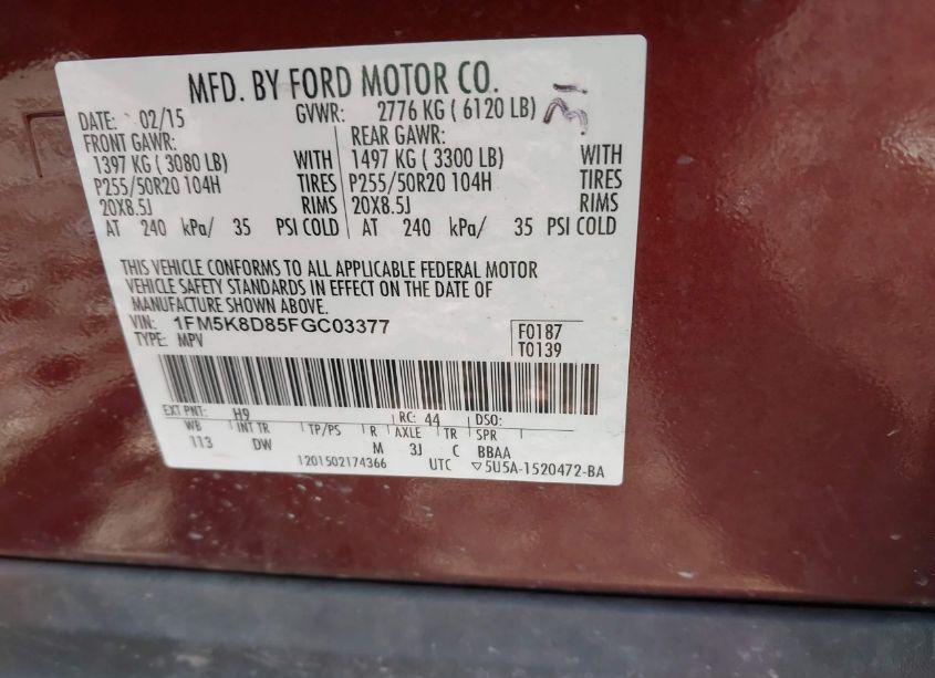 Photo 9 of 2015 Ford Explorer XLT (VIN 1FM5K8D85FGC03377)