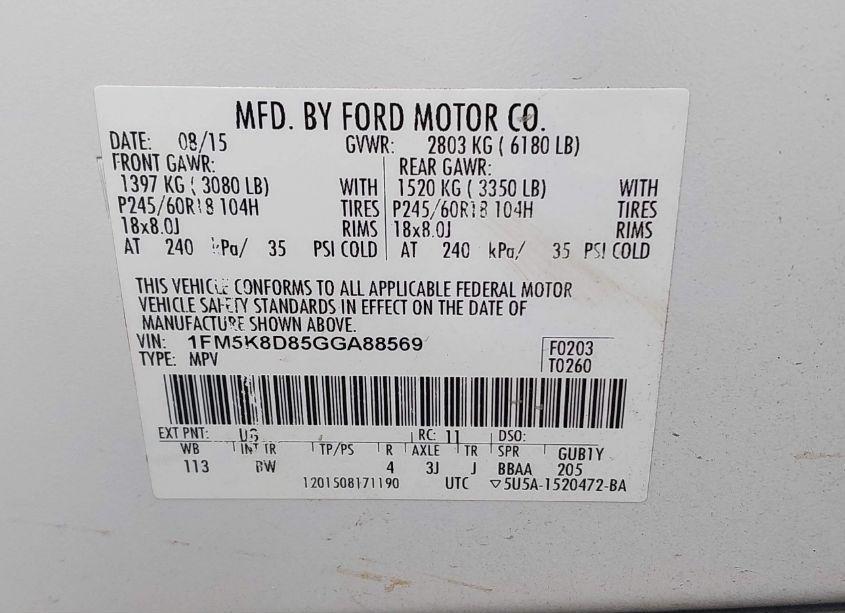 Photo 9 of 2016 Ford Explorer XLT (VIN 1FM5K8D85GGA88569)