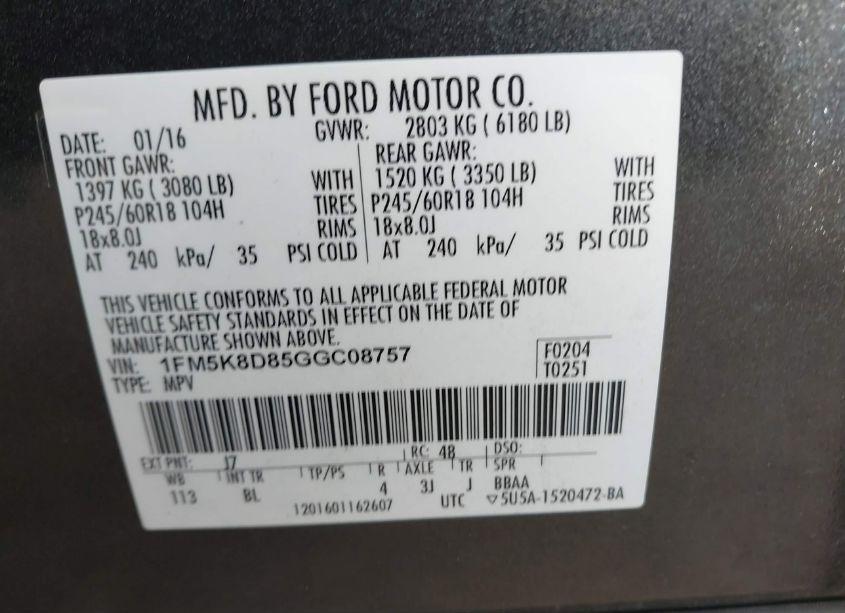 Photo 9 of 2016 Ford Explorer XLT (VIN 1FM5K8D85GGC08757)