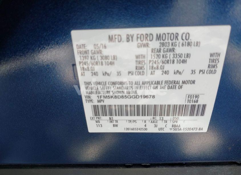 Photo 9 of 2016 Ford Explorer XLT (VIN 1FM5K8D85GGD19678)