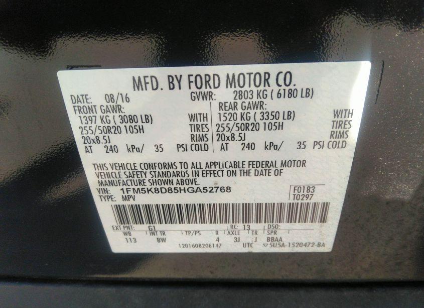 Photo 9 of 2017 Ford Explorer XLT (VIN 1FM5K8D85HGA52768)