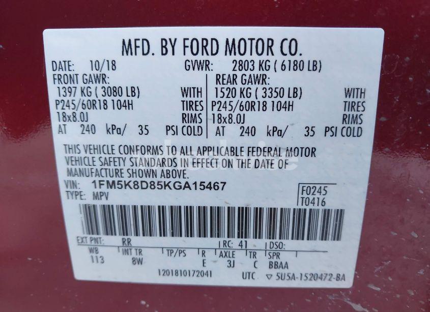 Photo 9 of 2019 Ford Explorer XLT (VIN 1FM5K8D85KGA15467)