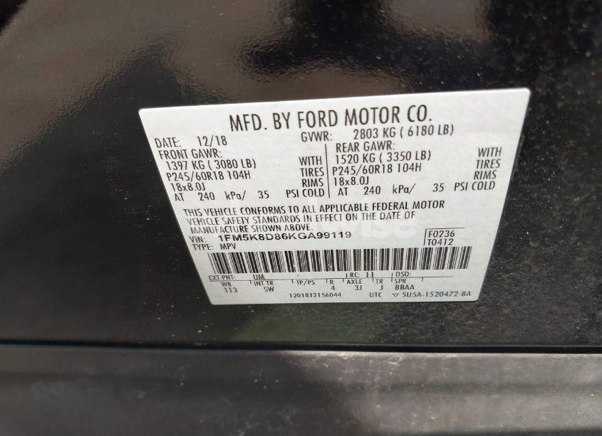 Photo 9 of 2019 Ford Explorer XLT (VIN 1FM5K8D86KGA99119)