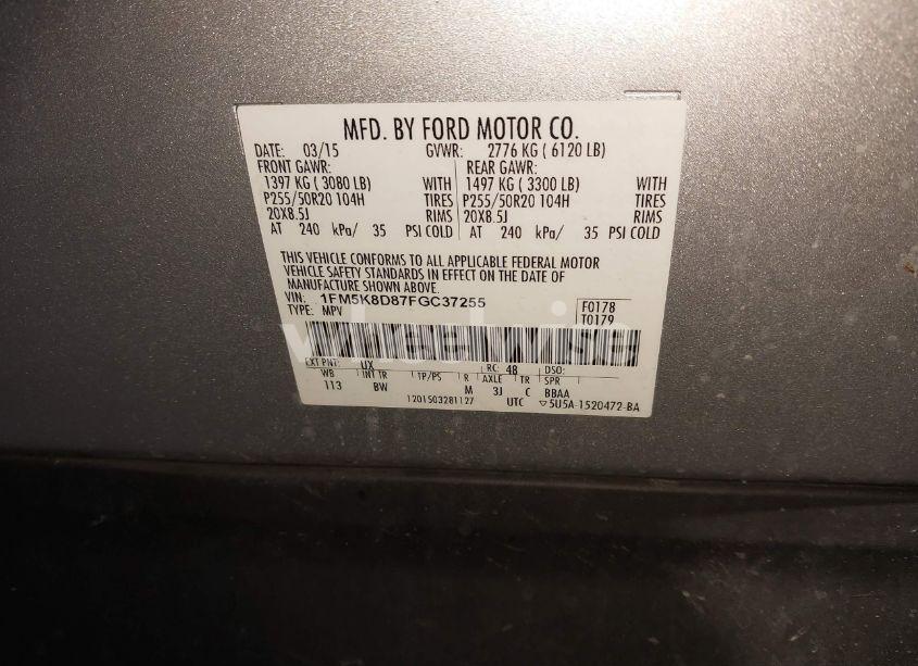 Photo 9 of 2015 Ford Explorer XLT (VIN 1FM5K8D87FGC37255)