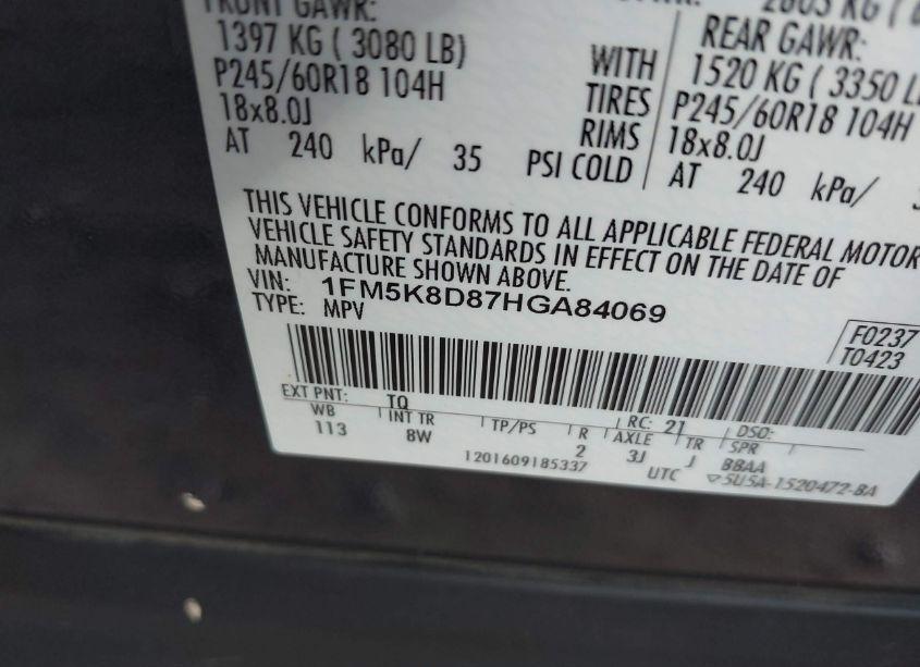 Photo 9 of 2017 Ford Explorer XLT (VIN 1FM5K8D87HGA84069)