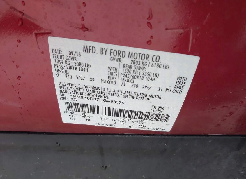 Photo 9 of 2017 Ford Explorer XLT (VIN 1FM5K8D87HGA98375)