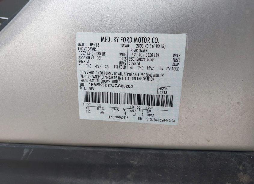 Photo 9 of 2018 Ford Explorer XLT (VIN 1FM5K8D87JGC86285)