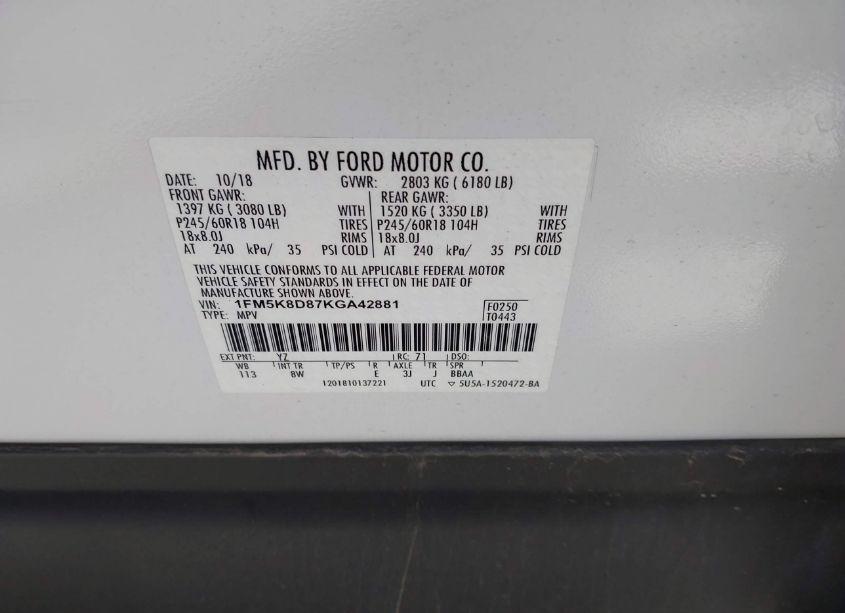 Photo 9 of 2019 Ford Explorer XLT (VIN 1FM5K8D87KGA42881)