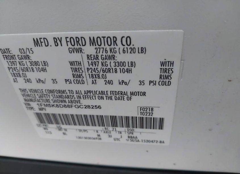 Photo 9 of 2015 Ford Explorer XLT (VIN 1FM5K8D88FGC28256)