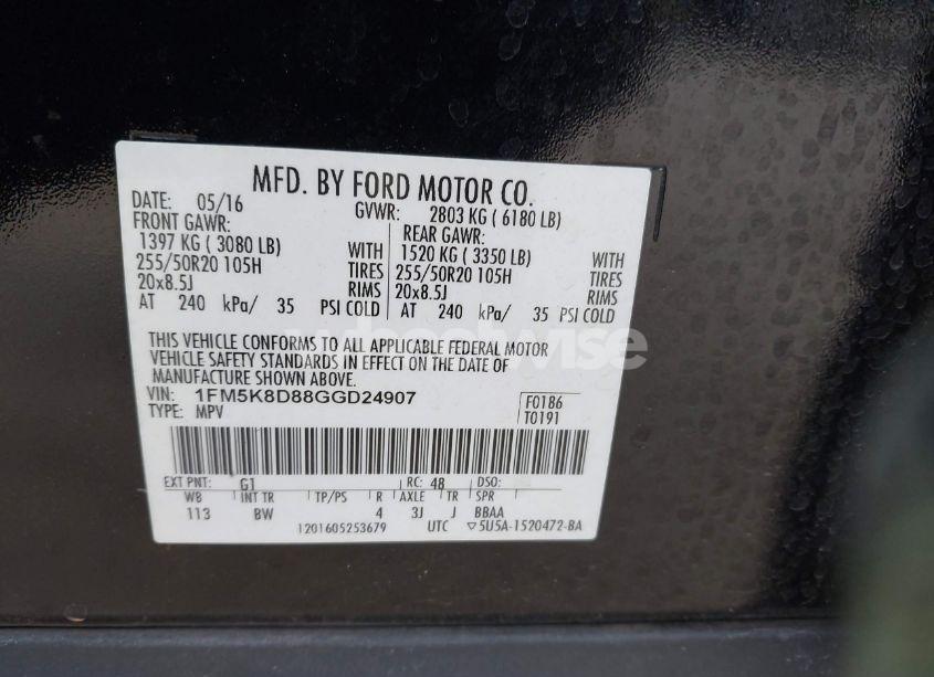 Photo 9 of 2016 Ford Explorer XLT (VIN 1FM5K8D88GGD24907)