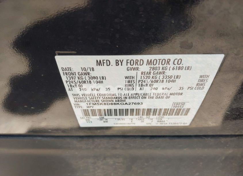 Photo 9 of 2019 Ford Explorer XLT (VIN 1FM5K8D88KGA27693)