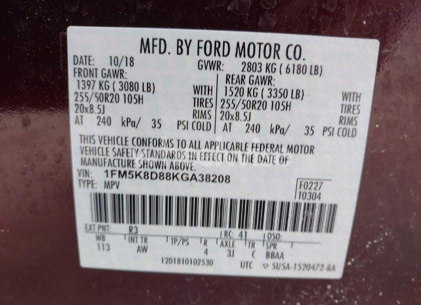 Photo 9 of 2019 Ford Explorer XLT (VIN 1FM5K8D88KGA38208)