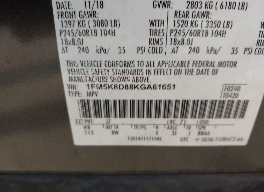 Photo 9 of 2019 Ford Explorer XLT (VIN 1FM5K8D88KGA61651)