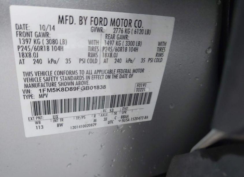 Photo 9 of 2015 Ford Explorer XLT (VIN 1FM5K8D89FGB01838)