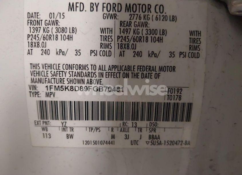 Photo 9 of 2015 Ford Explorer XLT (VIN 1FM5K8D89FGB70481)