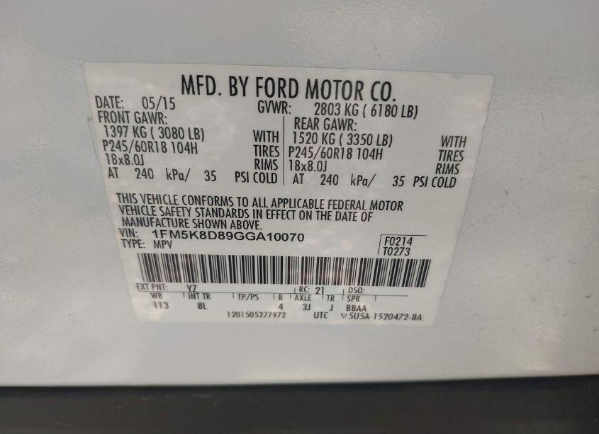 Photo 9 of 2016 Ford Explorer XLT (VIN 1FM5K8D89GGA10070)