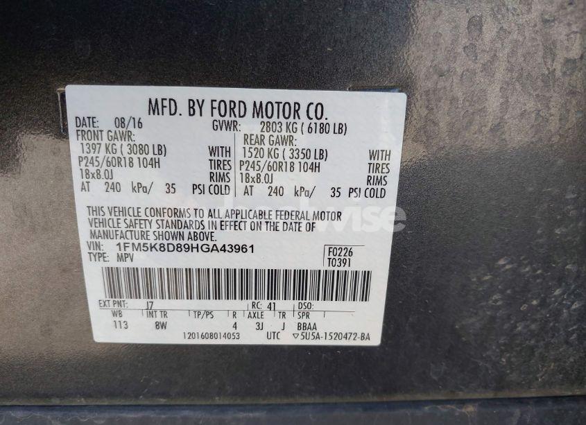 Photo 9 of 2017 Ford Explorer XLT (VIN 1FM5K8D89HGA43961)