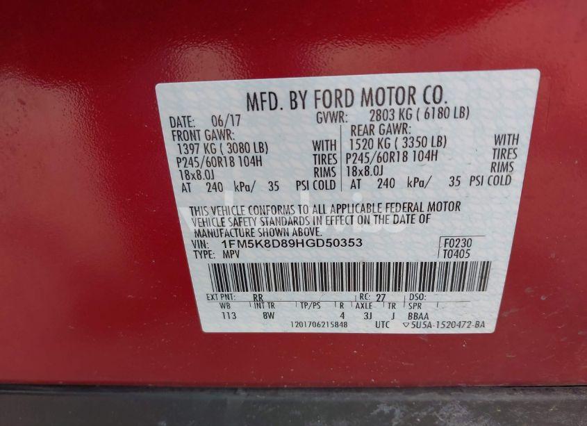 Photo 9 of 2017 Ford Explorer XLT (VIN 1FM5K8D89HGD50353)