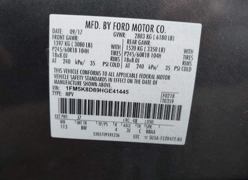 Photo 9 of 2017 Ford Explorer XLT (VIN 1FM5K8D89HGE41445)