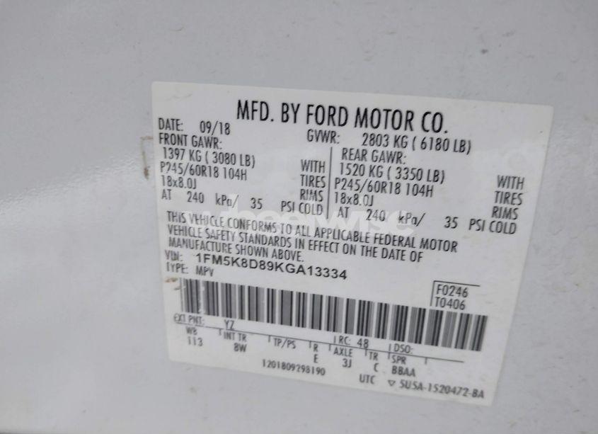 Photo 9 of 2019 Ford Explorer XLT (VIN 1FM5K8D89KGA13334)