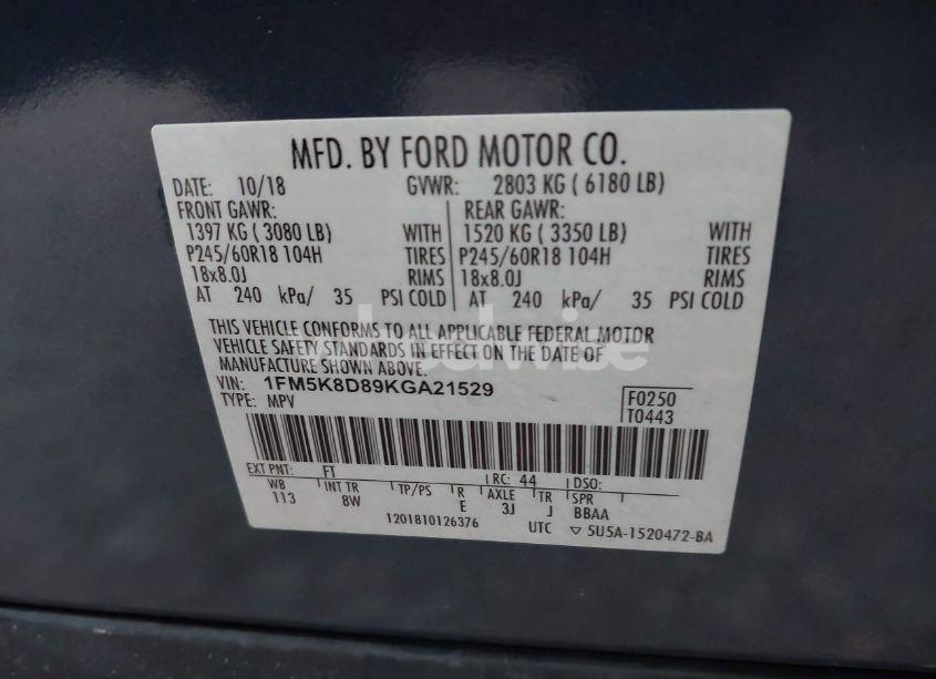 Photo 9 of 2019 Ford Explorer XLT (VIN 1FM5K8D89KGA21529)