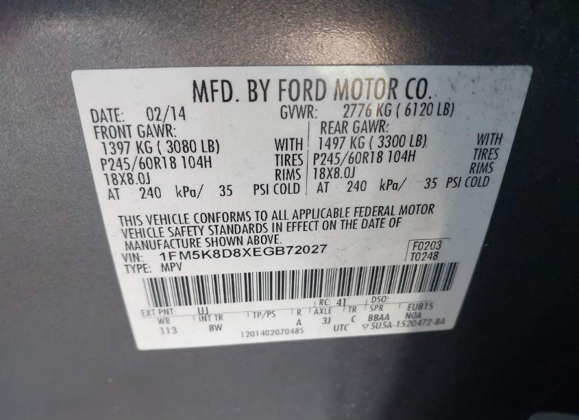 Photo 9 of 2014 Ford Explorer XLT (VIN 1FM5K8D8XEGB72027)